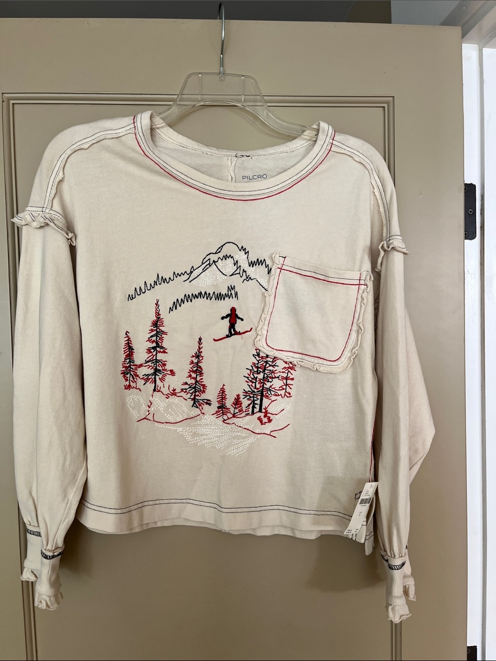 Pilcro Cream Crewneck Sweater with Red & Black Ski Graphic
